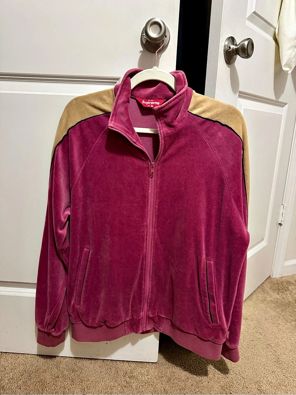 Supreme Geo Velour Track Jacket Pink Color Block Medium